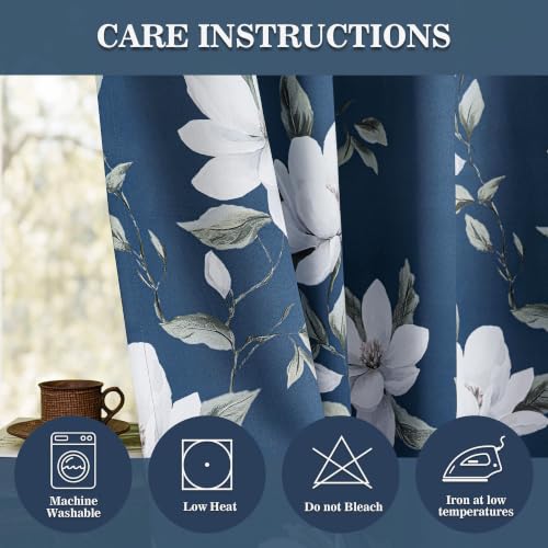 Image of MYSKY HOME Floral 95% Blackout Curtains 54 Inch Long 2 Panels Set for Kitchen White Flower Printed Thermal Insulated Light Blocking Black Out Grommet Window Treatments, 52 inch W Each Panel, Blue