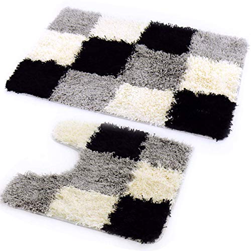 BIT.FLY Tapis de Bain Antidérapant 2 Pièces pour Salle de Bain, Tapis de Toilette à Contours en U Moelleux Tapis de Bain à Carreaux en Microfibre Moelleux Tapis de Sol Absorbant- (80x50Cm & 50x50Cm)