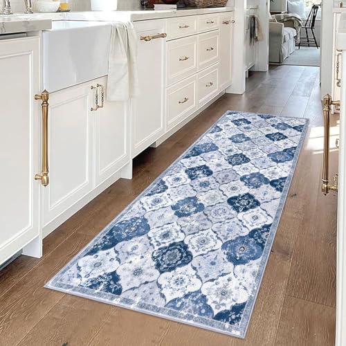 KILOCOCO 2x5 Runner Rug, Moroccan Super Soft Washable Hallway Runner Rug, Accent Print Faux Wool Kitchen Runner Rug 5 Feet Non-Slip Runners Boho Rug Runners for Laundry Room Bedroom, Blue/Grey/Multi