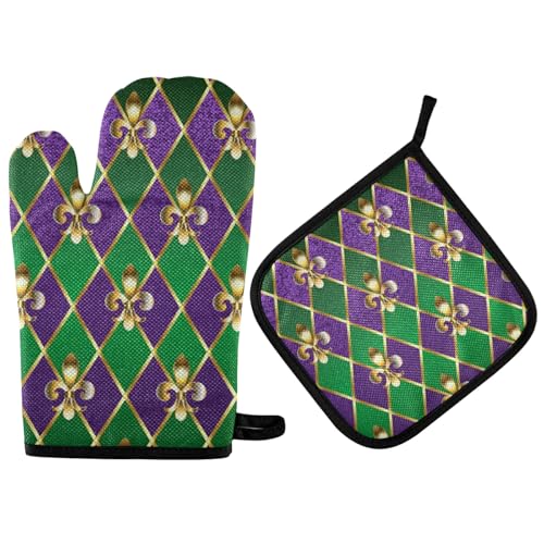 Aflyko Mardi Gras Oven Mitt Pot Holder Gift Set Cooking Glove Carnival Gold Fleur De Lis Gorgeous Kitchen Potholder BBQ for Baking