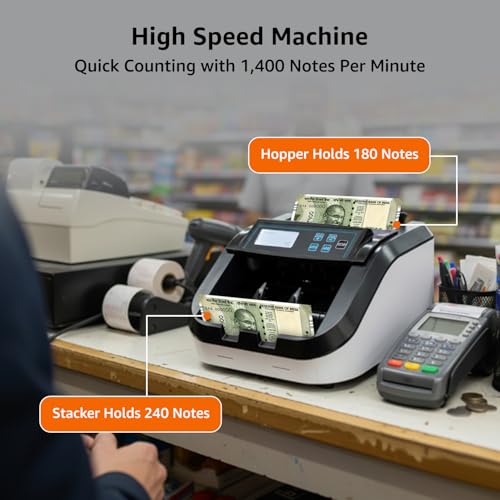 Image of Amazon Basics Note Counting Machine, 1100 Notes Per Minute Speed | UV /Magnetic /Infrared /Counterfeit Detector, Suitable for Counting Rupees, Note Counter with LCD Display, Value Counting