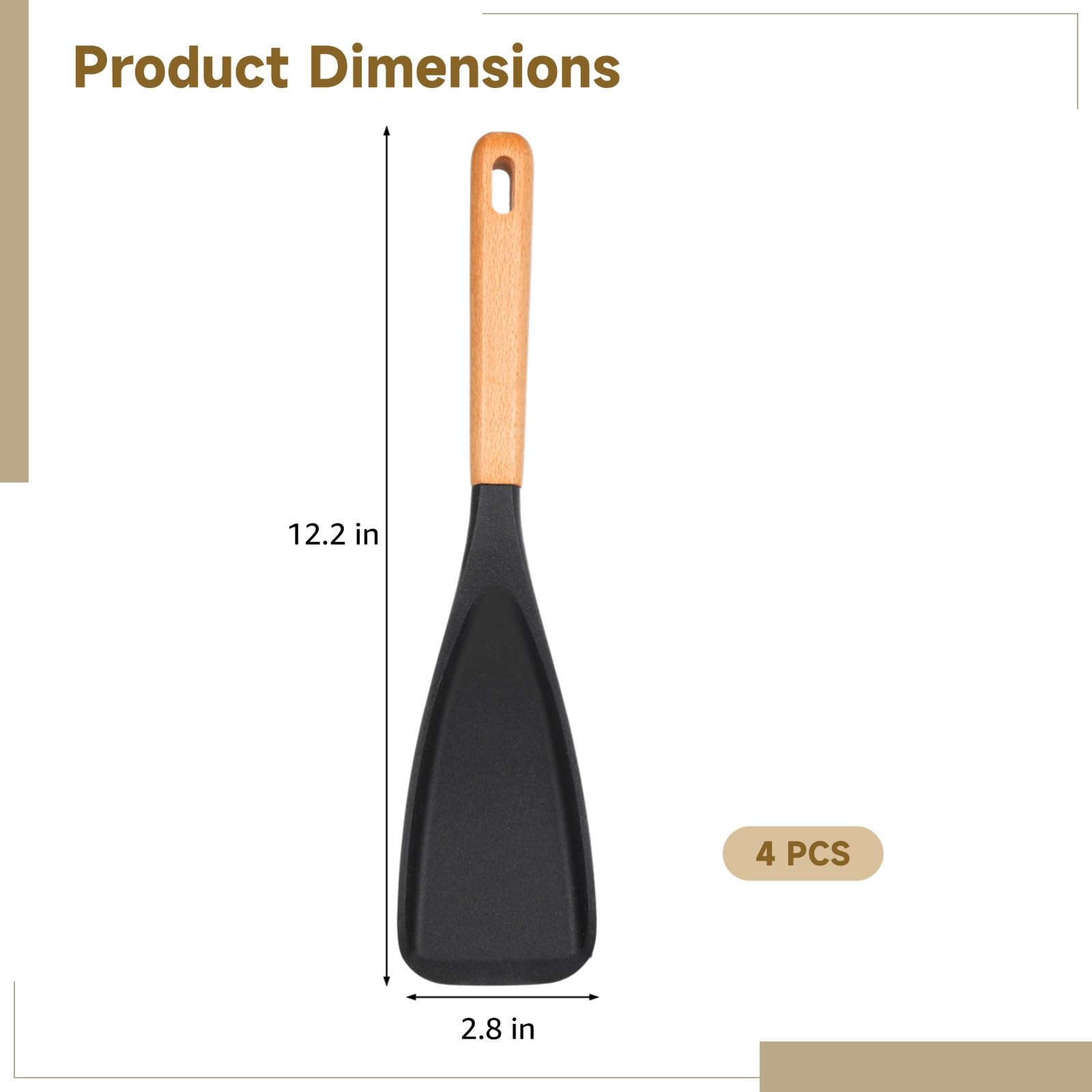 Lot de 4 cuillères de cuisine avec manche en bois, cuillère salade en silicone, ustensiles noirs à suspendre, pour mélanger, prélever et servir, pour poêles et casseroles antiadhésives