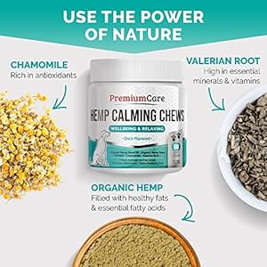 Premium care hemp calming chews for dogs anxiety  made in usa calming dog treats dog calming chews  anxiety relief treats dog barking deterrent anxiety relief for dogs 60 duck flavored chews   cucciolini doodles