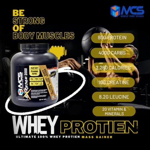 Image of MUSCLE CORE SCIENCE Extreme 2000 Whey Protein Mass Gainer Powder with 80g Protein, 400g Carbs, 2,260 Calories, 10g Creatine, 20 Vitamins & Minerals for Muscle Growth and Weight Gaining - Chocolate 3kg