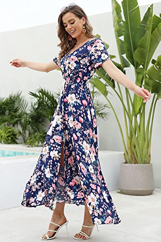 Image of VintageClothing Women's Floral Maxi Dresses Boho Button Up Split Summer Casual Long Dress Beach Party Dress