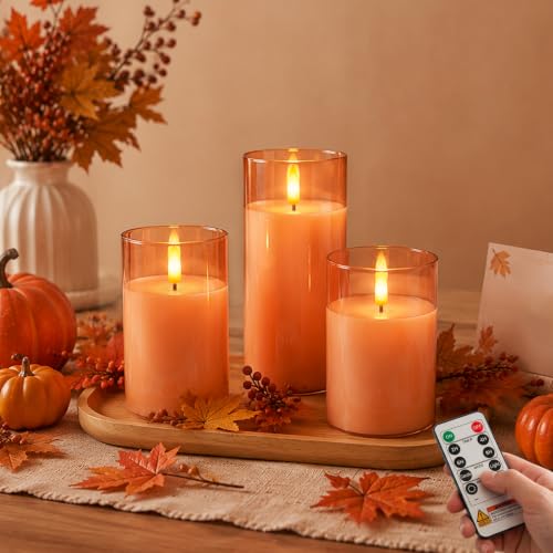 Image of Amagic Clear Glass Flameless Candles Battery Operated with Timer, Remote Control, LED Pillar Candles, Battery Powered for Halloween, Thanksgiving, Fall Home Decor, Orange, Set of 3