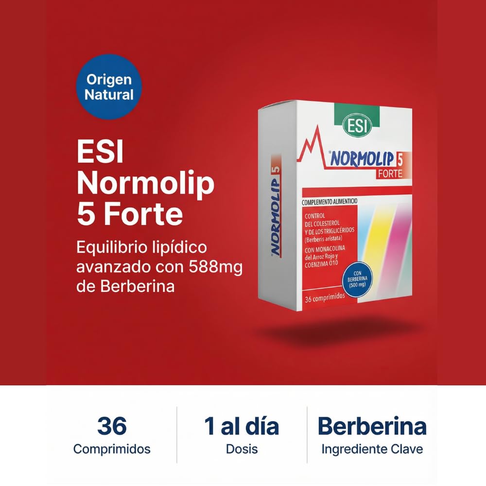 Normolip 5 Forte | Complemento Alimenticio con Berberina, Cardo Mariano, Arroz Rojo Fermentado, Coenzima Q10 y Policosanoles | Sin Gluten, Sin Lactosa, Apto para Veganos (72 unidad (Paquete de 2))