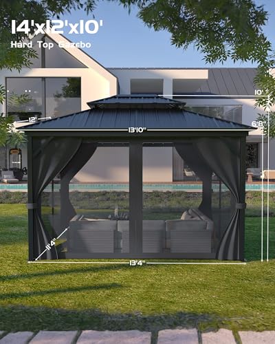 Hardtop Gazebo 12'x14' for All Weather, with Double Metal Roof, Aluminum Alloy Frame, Net, and Curtain, Permanent Building for Patio, Deck, Backyard, Lawn, and Garden, Gray