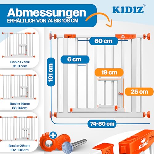 KIDIZ Absperrgitter zum Klemmen mit Katzenklappe, Türschutzgitter, Autoclose Kinder Treppengitter ohne Bohren | 90° Stopp Schutz, schwenkbar, Treppenschutzgitter, Weiß/Orange, Breite: 74-80 cm