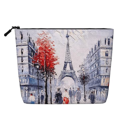 Paris City Tree Eiffel Tower Art Travel Cosmetic Case Fake Hemp Large Capacity Zippered Bag Water Resistant Daily Organizer