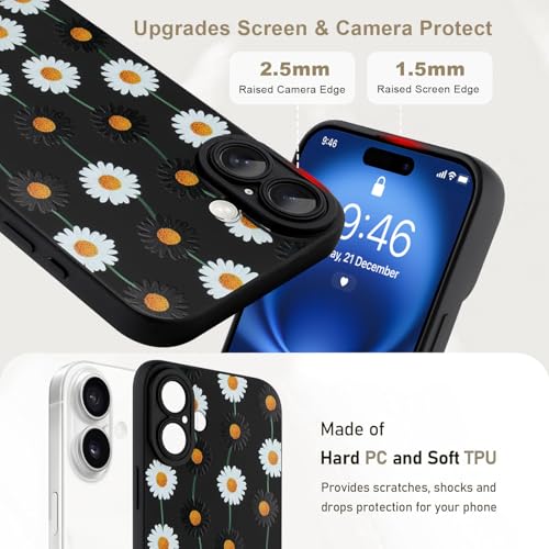Image of Designed for iPhone 16 Plus Case, Cute Daisy Flower Floral Pattern Design, Slim Soft TPU Liquid Silicone Protective Cover for Women Girls - Black