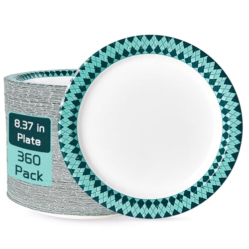 JOLLY PARTY Paper Plates Disposable, 360 Count 8.37 inch Dinner Plates, Soak Proof, Cut Proof for Everyday Use, Diamond Pattern Rim Design