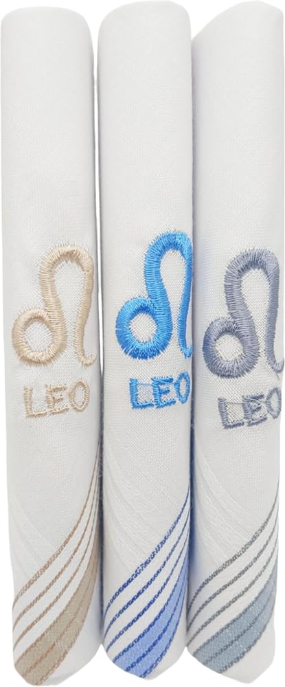 Leo Zodiac Sign Silk Embroidered Cotton Handkerchief for Men| White and Multicolor| 45x45 cm| Pack of 3-image-28