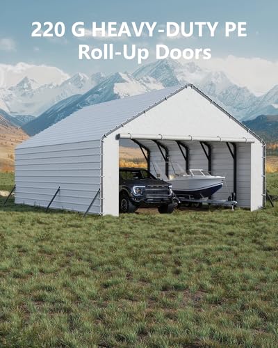 Image of GarveeLife Heavy-Duty PE Enclosure Kit (2-Pack) for Metal Carport - 220gsm Roll-Up Zipper Door Panels for 20x25, 20x20 ft, with Ball Bungees, White