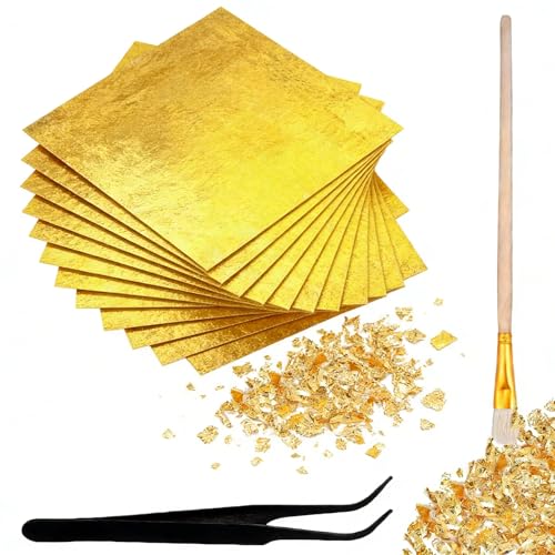 RzuoQnt 200 Stück Blattgold Essbar 14×14cm Essbares Blattgold für Torten & Desserts Professionelles Dekorationsset mit 200 Blatt Blattgold zum Basteln & Verzieren Inkl. Präzisionspinzette & Pinsel