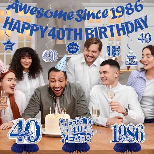 Image of Crenics Blue 1986 40th Birthday Decorations for Men or Women | Happy 40th Birthday Banner, Awesome Since 1986 Banner, Honeycomb Centerpieces and Hanging Swirls for 40 years old Party Supp