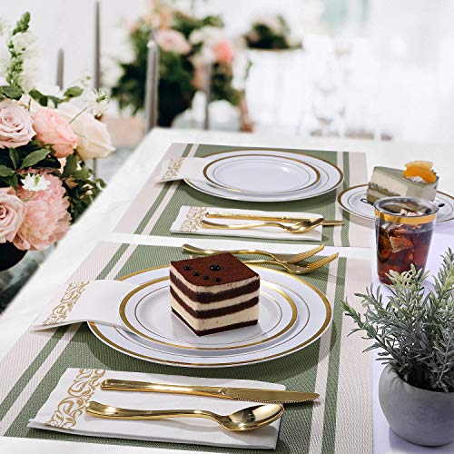 Focusline 350 Piece Disposable Gold Dinnerware Set For Party Or Wedding-100 Gold Rim Plastic Plates - 50 Gold Plastic Silverware - 50 Gold Plastic Cups - 50 Linen Like Gold Paper Napkins(50 Guest) #TOP3
