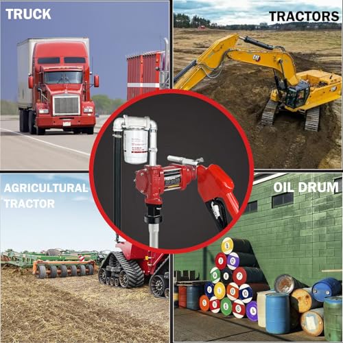 12V DC 12GPM Fuel Transfer Pump with Automatic Nozzle & Hose Kit for Gasoline Diesel Red with Particulate Filter