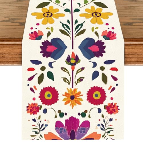ANNA QUEEN Boho Floral Table Runner 13x72 Inch, Colorful Mexican Otomi-Style, Folk Art Table Decor for Dining Table, Fiesta Party, Kitchen, Wedding or Everyday Use