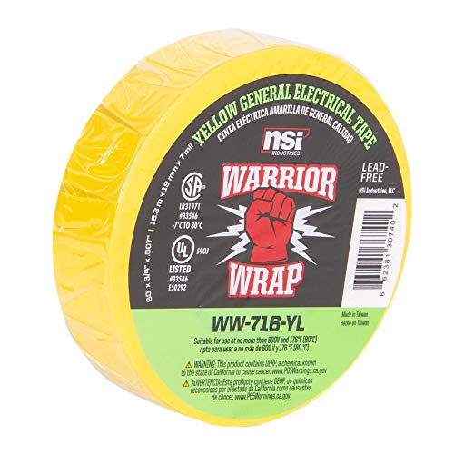 Image of NSI WW-716-YL WarriorWrap General 7 mil Vinyl Electrical Tape, 3 /4 inch Width, 60' Length, Yellow (Pack of 2)