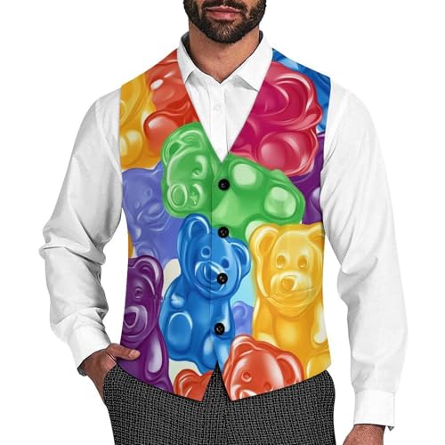 Colorful Gummy Bears Candy Mens Suit Vests V-Neck Casual Vest Dress Formal Tuxedo Wedding Waistcoat