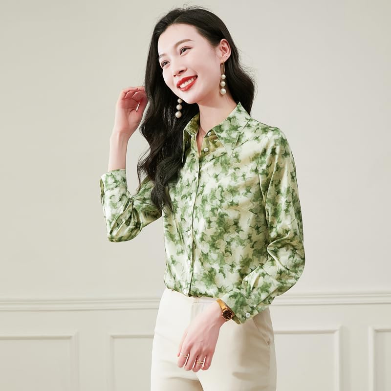 Floral Petal Print Turn-Down Collar Long Sleeve Women's Silk Blouse - Image 2