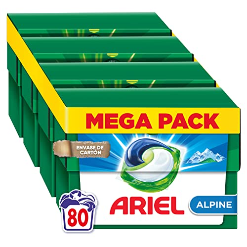 Ariel All-in-One Detergente Lavadora Líquido en Cápsulas/Pastillas, 80 Lavados (4x20), Limpieza y Frescor Alpinos, 5 Acciones para una Limpieza Brillante en Frío