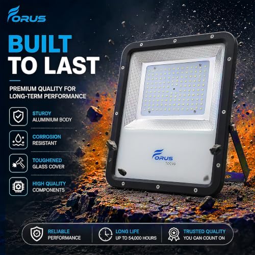Image of Forus 100W LED Flood Light Outdoor, IP67 Waterproof Wall Mounted Outside Light, High Bright Amber LED Flood Light for Parking, Society, Industrial & Flood Lighting with 4 Year Warranty (1 Pc)