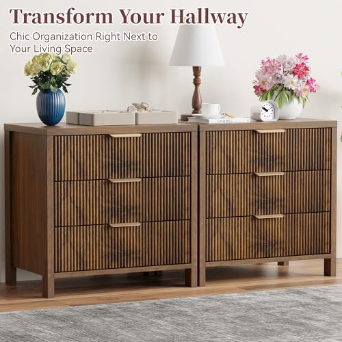 Image of Fluted Nightstand, 23.7'' Wide Night Stand with 3 Drawers, Mid-Century Modern Bedside Table with Handles, Wood End Table for Bedroom, Walnut