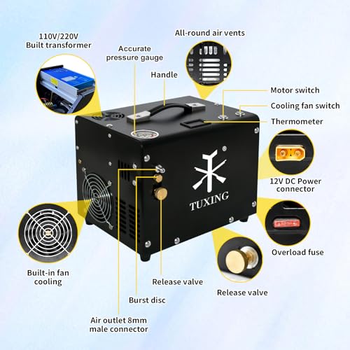 Image of TUXING PCP Air Compressor 4500psi, High Pressure Air Compressor pump for Paintball /Diving Tank 110V /12V(Built-in Transformer)