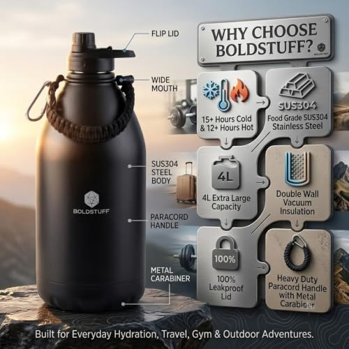 Image of Insulated Water Bottle 4000ml, Hot Water Bottle, Thermosteel Water Bottles for Travel, Home, Office, School, Gym, Adults, ISI Certified Water Bottle 12+ Hr Hot and 18+ Hr Cold, Black