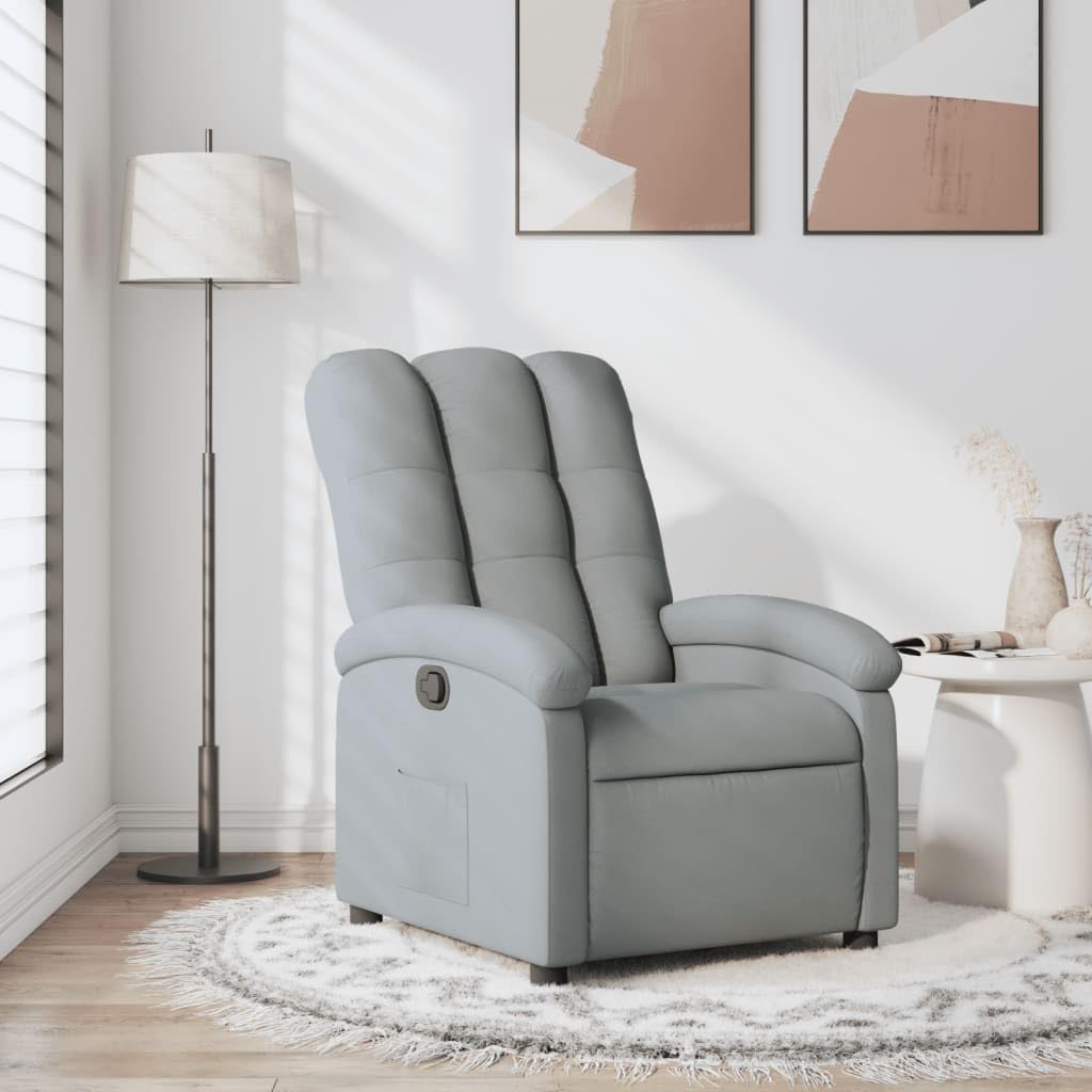 Fotel relaksacyjny, jasnoszary, materiał z regulowanym oparciem i podnóżkiem, ergonomiczne siedzisko z tapicerką, drewniany metalowy stelaż, idealny do salonu, biura, czytania i relaksu