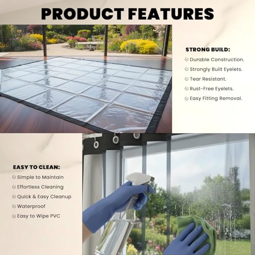 Image of ORILEY PVC Curtain with Eyelet Solid Water Resistant Wind Rain Protection Sun & Dustproof for Long Door Balcony and Outdoor Use (Pack of 1, Transparent 4.5FT x 9FT)