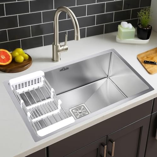 Image of ARQUIN Kitchen Sink 32x20x10 Inch Handmade MATT Finish Single Bowl Heavy Grade Stainless Steel Kitchen Sink /Basin For Kitchen With Square Drainer and SS Fruit Basket