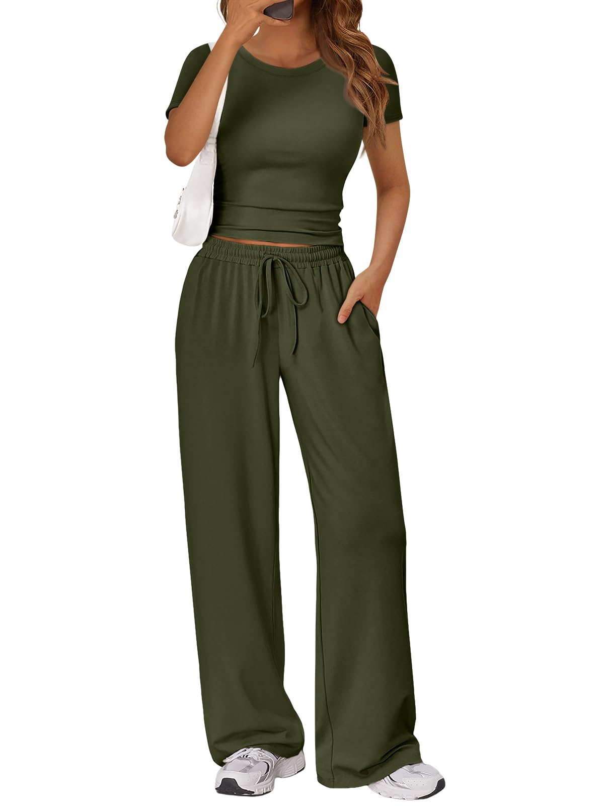 Trendy Queen 2 Piece Matching Summer Sweatsuit Lounge Set Womens Wide Leg Pants Side Ruching Crop Top Sets