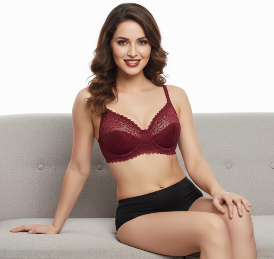 Image of Premium Women's Floral Lace Non-Padded Full Coverage Bra - Wire-Free Support Bralette in Nude