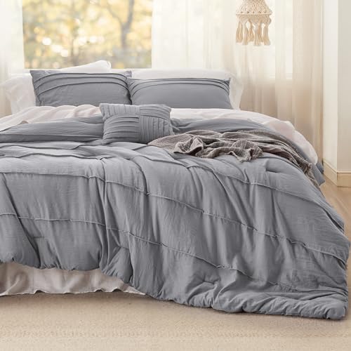 Image of Bedsure Full Comforter Set - 4 Pieces Pinch Pleat Bed Set, Grey Boho Bedding for All Season, 1 Soft Comforter, 2 Pillowcases, 1 Decorative Pillow