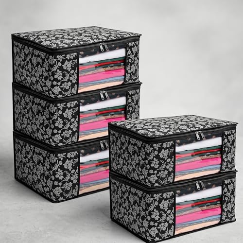 Image of Flower Printed Saree Cover for Storage & Wardrobe with Transparent Window & Zipper Closure | Cloth Organizer | Dustproof, Breathable Wardrobe Organizer for Travel & Home | Black Pack of 5