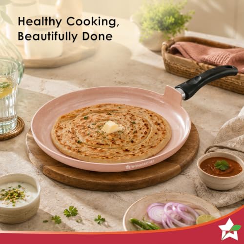 Image of Wonderchef Vitalife Non-Stick Dosa Tawa for Kitchen, 28cm, Non-Toxic Coating, PFOA-Free, Cool-Touch Handles, Scratch-Resistant, Gas & Induction Compatible, 2-Yr Warranty, Terracotta