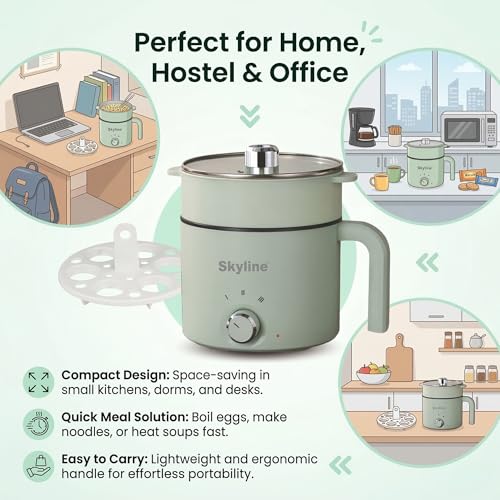Image of Skyline Multi-Purpose Electric Kettle with Steamer and Egg Boiler, 1.5L, 600W, Temperature Control, VTL-9091 (Green)
