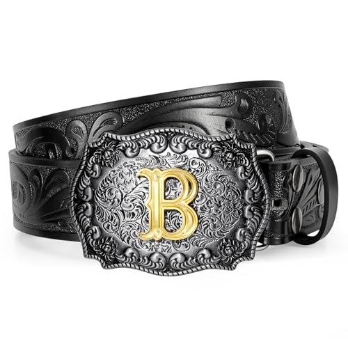 Western Cowboy Leather Belt Men Women, Gold Initial Letters ABCJMZ Buckle Embossed Belt for Jeans