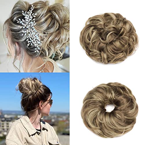 Gairyan Hair Scrunchies Hair Bun Hair Extensions Messy Bun Tousled Updo Curly Donut Hair Chignon Wavy Ponytail Hair Pieces for Women 40g (Golden Brown