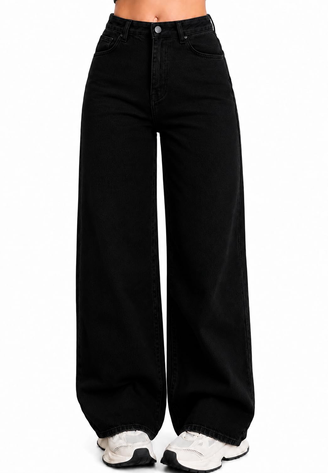 Women High Rise Straight Fit Wide Leg Dark Black Denim Jeans-image-34