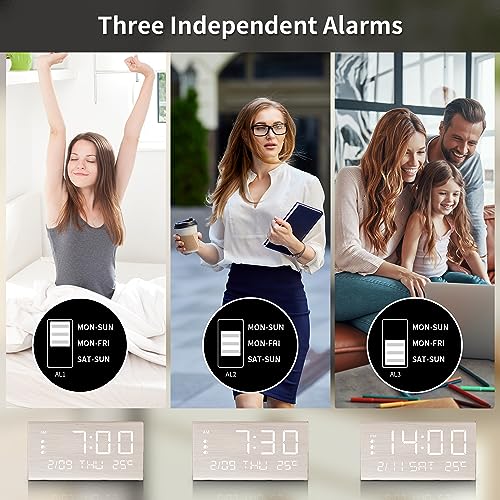 Image of JALL Digital Alarm Clock, with Wooden Electronic LED Time Display, 3 Alarm Settings, Weekday /Weekend Mode, Temperature Detect, Wood Made Electric Clocks for Office, Bedroom, Bedside