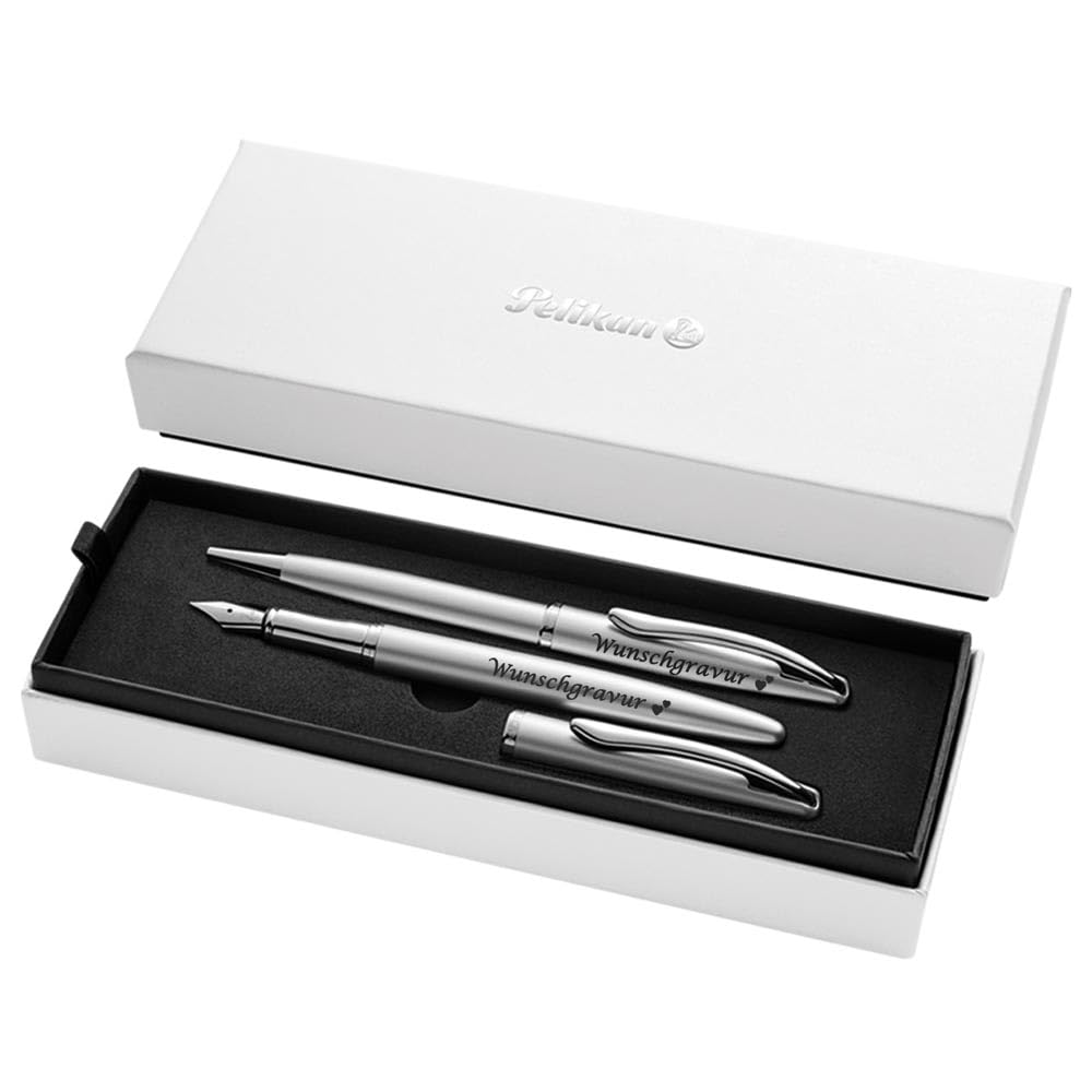 Pelikan Füller & Kugelschreiber Jazz® Noble Elegance im Set mit Wunschgravur | inkl. Geschenkeuti | Emoji Gravur | Silber Schreibset mit Gravur PS199