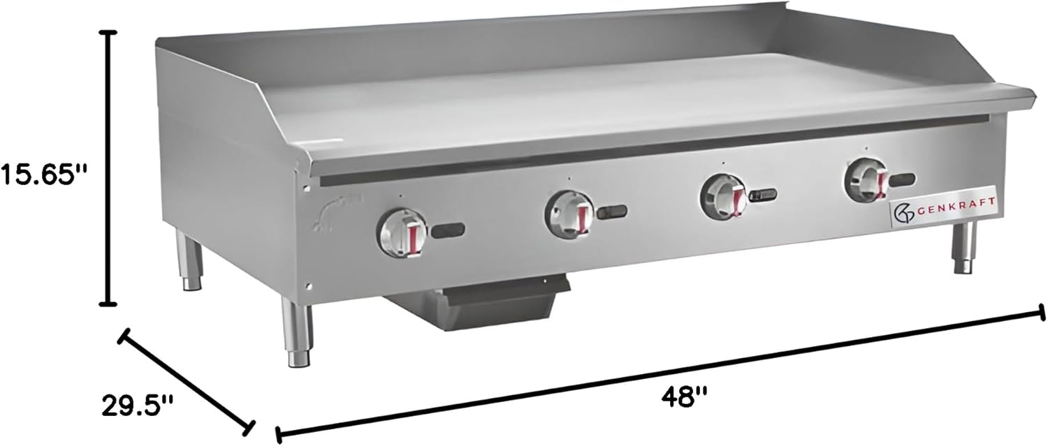 GenKraft- 48" Commercial Restaurant Gas Countertop Griddle, Manual Controls, 4 Burners, 120,000 BTUs Total,Used in Restaurants, Commercial Kitchens and Food Trucks. (48")