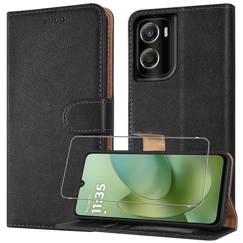 Case for Motorola Moto G06 / G06 Power Leather Wallet Phone Case [with 1 x Screen Protector] Magnetic Book Flip Folio Cover [RFID Protection & 3 Card Slots] and [Kickstand] for Moto G06 - Black