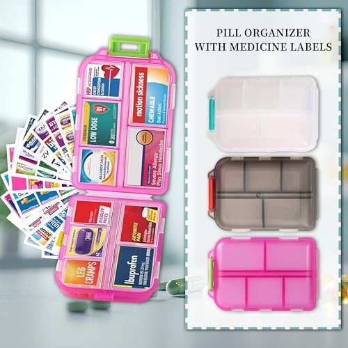 Image of 3 Pack Pill Organizers with Medicine Labels, Pink White Grey | 3 compact pill cases with 3x161 medicine labels for 7-day planning, vitamins, travel, family use, and separate routines