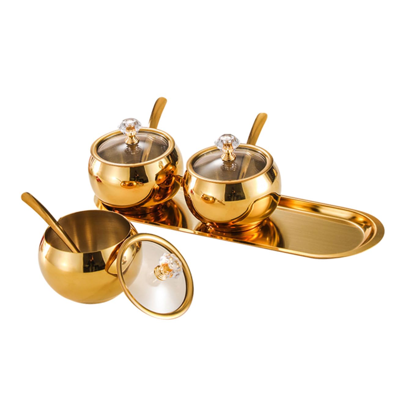 VICASKY Zuckerdose aus Edelstahl mit Deckel und Löffel, 1 Satz | Goldfarbenes Gewürzbehälter Satz mit Passendem Tablett, für Salz, Kaffee und Gewürze