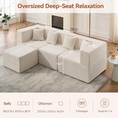 Image of MONVANE 103'' Modular Sectional Sofa, Cloud Sectional Couch with Ottoman, Convertible Chenille L Shaped Couch with Deep Seat, Sectional Couches for Living Room Bedroom, No Assembly Required, Beige